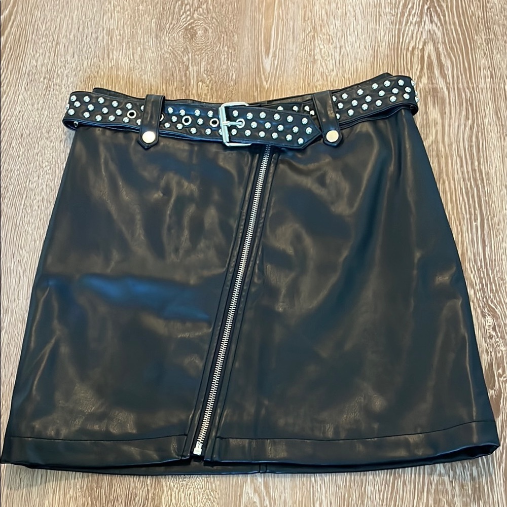 Black Leather Skirt with Studded Belt
